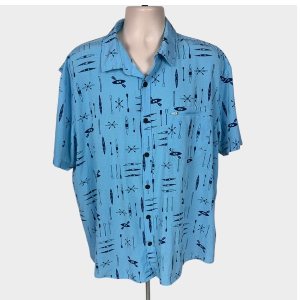 Canada Weather Gear XXL Mens Short Sleeve Shirt Button Front Blue Kayak Print